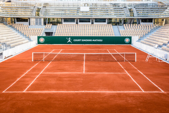 Paris, France - March 21, 2019: The Simonne Mathieu tennis court in Roland Garros stadium, where the French Open takes place, is named after a french former tennis champion and resistant fighter.
