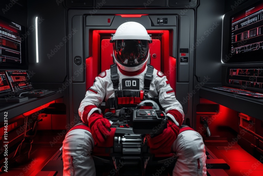 Poster an astronaut in a high-tech space suit sits in the cockpit of a futuristic spacecraft, surrounded by