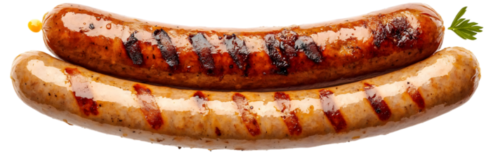 German bratwurst sausages isolated on white background. Grilled smoke beef sausage isolated on white background PNG file.