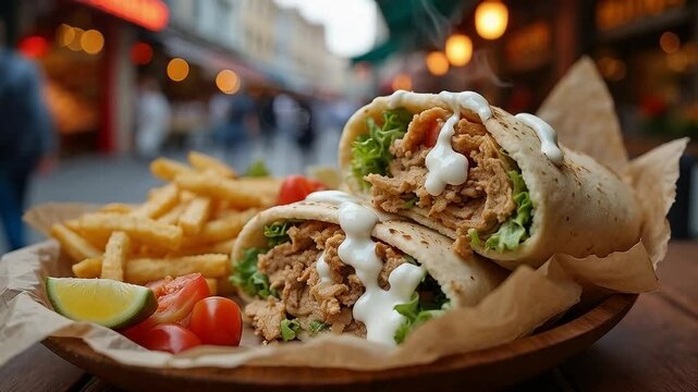 Wraps de pollo con salsa blanca y papas fritas en un mercado callejero