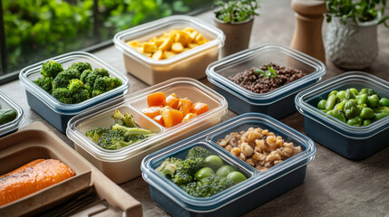 Plastic lunch food storage container icon vector illustration. Isolated cooked vegetable and fruit glass pack for picnic cartoon clipart set. Prepared leftover with salad, dessert and meat ball.