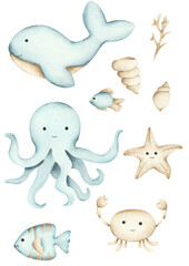 set of sea creatures watercolor