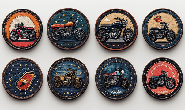 6 colorful motorcycle patches in 90's style on fabric. Orthoganic view. Highest Resolution on the white background