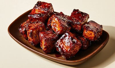Delicious char siu tender with a sweet glaze presented on a brown plate against a light cream...