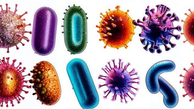 Microscopic World: A vibrant collection of viruses and bacteria, depicted in a detailed microscopic view, showcasing the diversity of microbial life.
