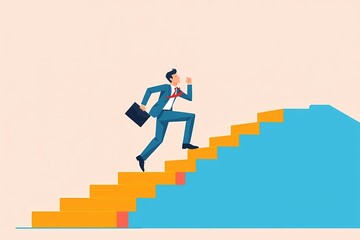 Climbing the Ladder of Success: Ambitious businessman strides confidently up a vibrant staircase, symbolizing growth, ambition and the pursuit of professional goals. 