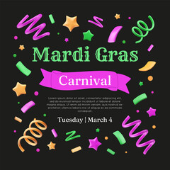 Mardi Gras carnival invitation template with 3D party popper. Firecracker of confetti, plastic serpentine, inflated stars and squiggles. Vector celebrate illustration. Event background. Festival card.