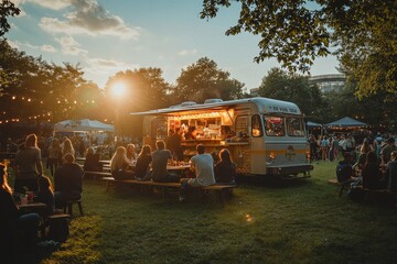 Food truck festival at sunset in urban park outdoor gathering vibrant atmosphere community event