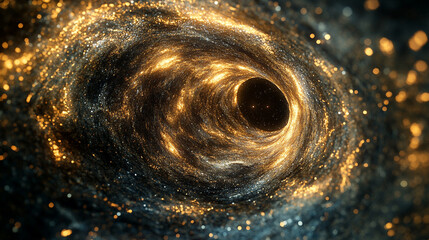 Mysterious black hole swirling with golden stars and cosmic dust in deep space