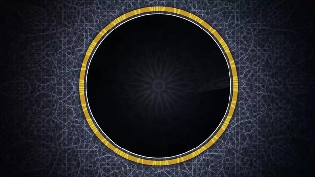 circle geometric luxury gold black with particles glowing background, 4k resolution, spin object.