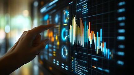 Hand interacting with financial data on screen.