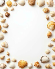 Obraz premium Seashell Collection on White Background Coastal Decor Photography Minimalist Environment Top View Nature's Beauty