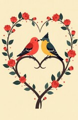 two lovebirds sitting on a heart-shaped branch surrounded by blooming roses