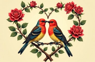 A vintage-style illustration of two lovebirds sitting on a heart-shaped branch surrounded by blooming roses