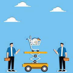 Prices go up, cost of living, expenses go up, currency is devalued, two businesswomen use lifts to raise shopping carts