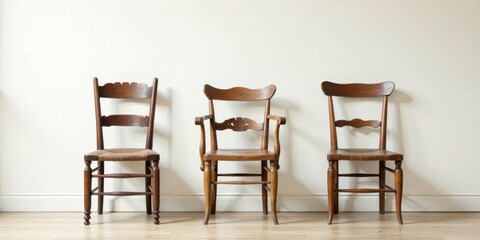 Fototapeta premium Three antique wooden chairs with rush seats arranged against a minimalist backdrop