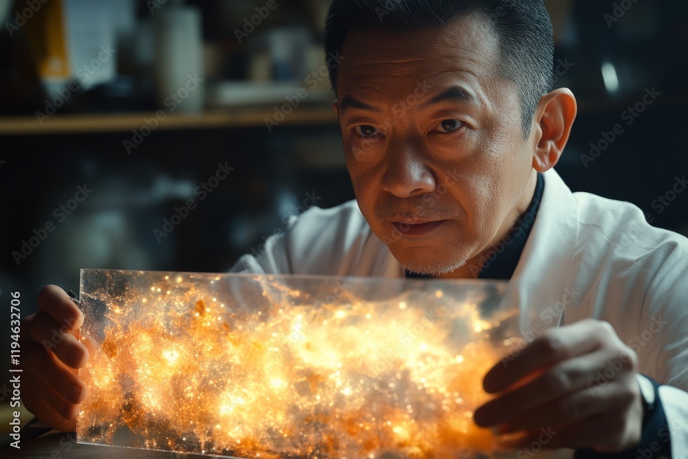 Aufkleber A focused scientist in a laboratory setting holds a glowing object, highlighting the intersection of science, discovery, and human curiosity in exploration.
