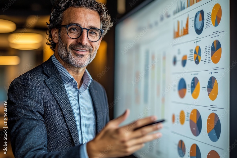 Aufkleber A business professional with glasses smiles while pointing at a digital screen displaying complex charts and graphs, exuding confidence in a modern office setting.