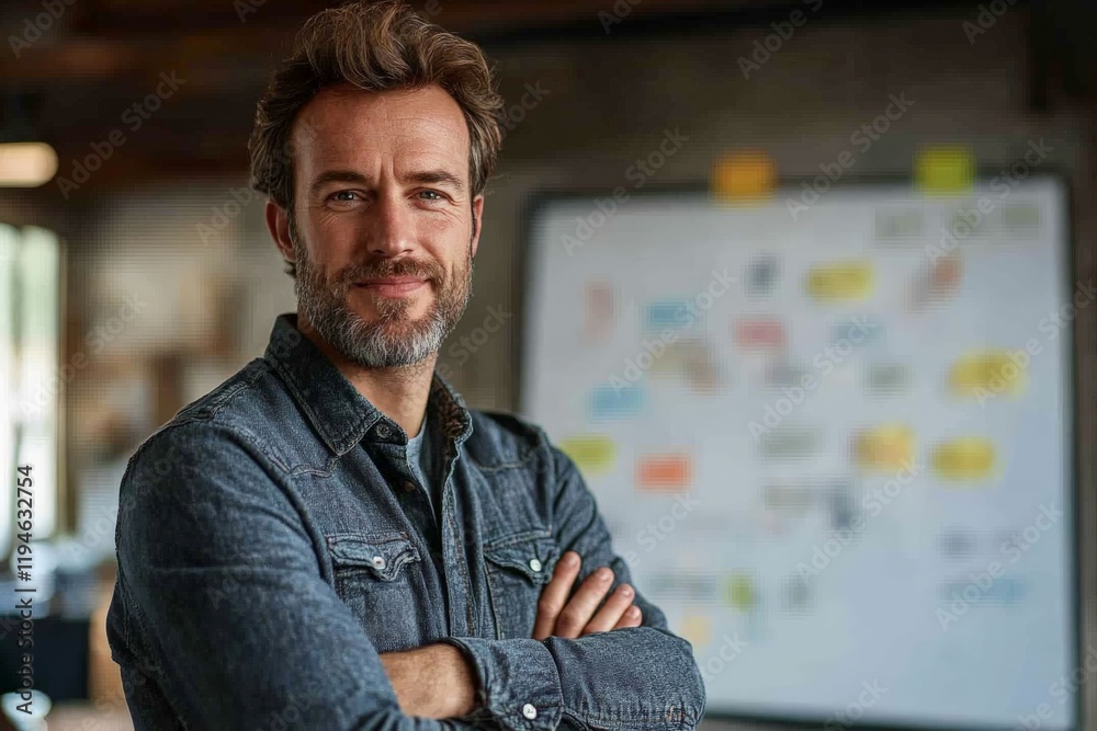 Aufkleber a casually dressed man stands confidently with arms crossed in a creative workspace, reflecting a re