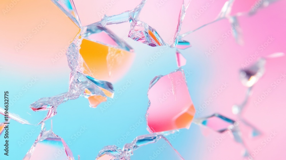 Poster brightly colored crystal shards display a range of hues against a soft blue background, creating a c