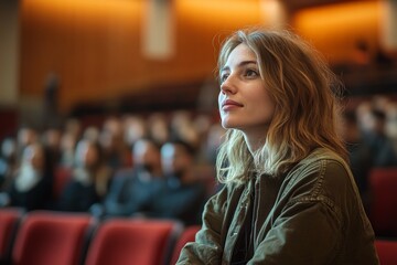 A woman listens attentively in a large lecture hall, embodying keen interest and active engagement in an inspiring academic environment, surrounded by peers.