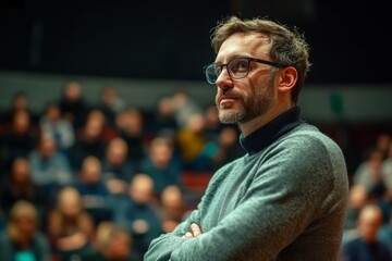 Fototapeta premium A man with glasses is standing thoughtfully in front of a blurred audience, conveying a sense of contemplation and deep thought, possibly in a lecture setting.