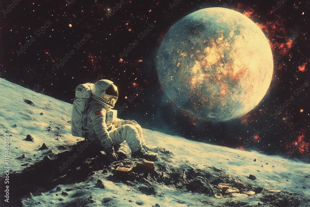 Poster An astronaut in a spacesuit sits on a cratered lunar surface, gazing thoughtfully at a distant, glowing planet against the backdrop of a starry sky.