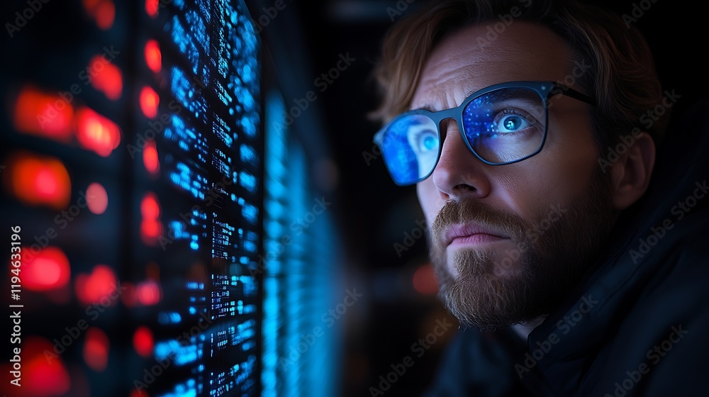 Wall mural focused man analyzing data on a screen.