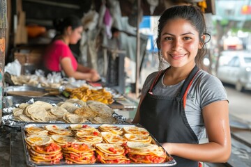 A young woman with a friendly smile presents a tray of freshly made tortillas at a vibrant market, capturing the essence of youthfulness and dedication.