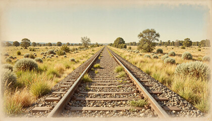 Railway tracks through grassy plains under clear sky
