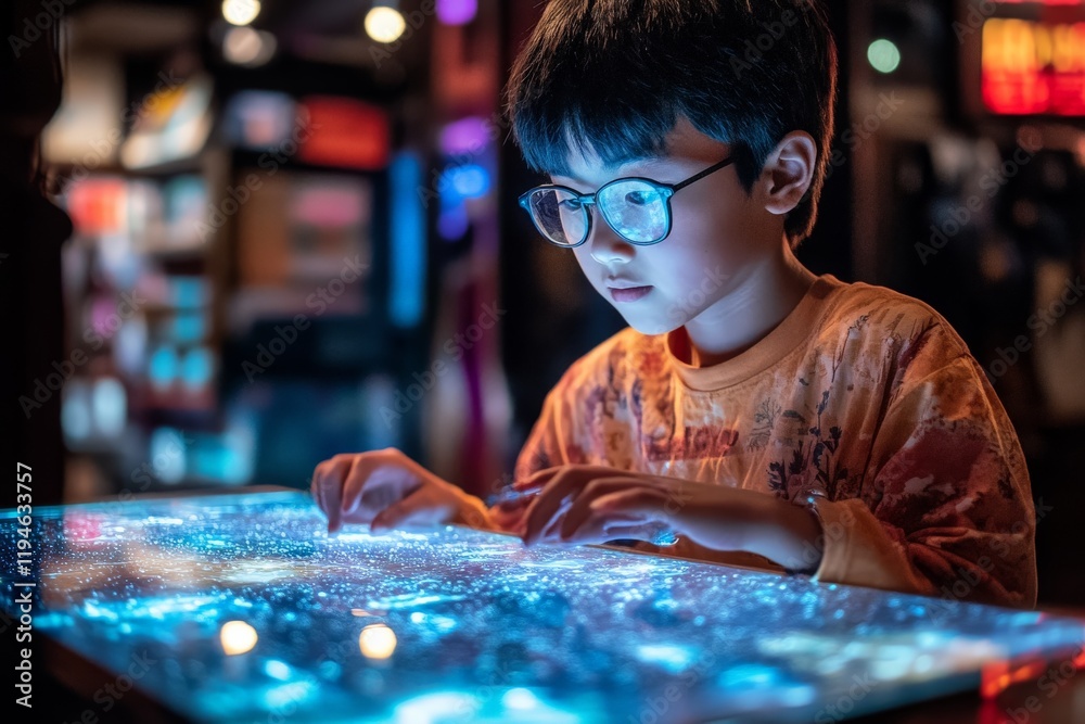 Poster a young boy wearing glasses concentrates intensely as he interacts with a glowing digital table in a
