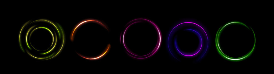 Neon light circles set isolated on black background. Vector realistic illustration of round yellow, orange, blue, green color portal glowing in darkness, futuristic portal design, abstract space swirl