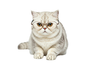 a cute white Persian cat with full body visible, wearing a pair of eyeglasses, on a white background.