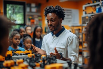 A man uses expressive gestures while explaining to a group beside STEM educational tools, highlighting active engagement and hands-on learning in a classroom environment.