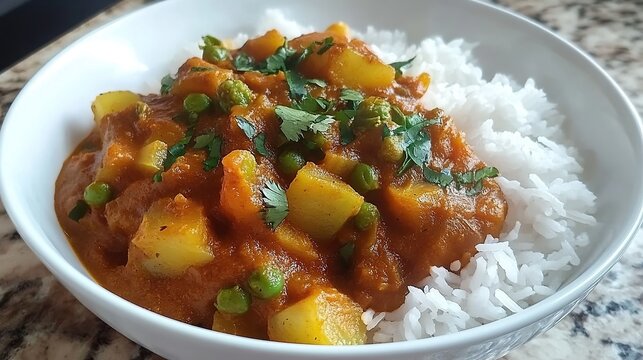 Aloo Matar curry with rice in a white bowl.