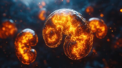 Naklejka premium Glowing abstract representation of cellular structures in a cosmic environment, showcasing vibrant energy