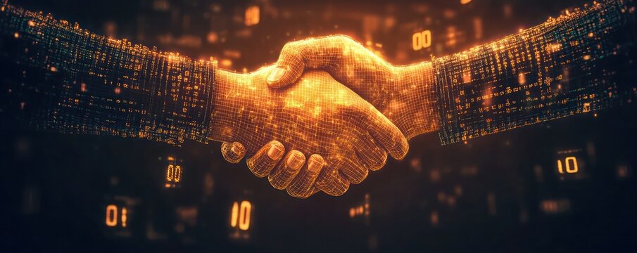 A handshake set against a glowing digital grid surrounded by floating binary codes