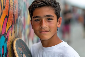 Young skater wearing a white shirt smiles warmly, holding a skateboard next to a lively, vibrant graffiti wall, creating a youthful, urban moment of joy and style.