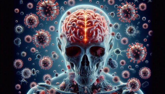 Viral infection of the brain, viral meningitis and encephalitis. 3d illustration
