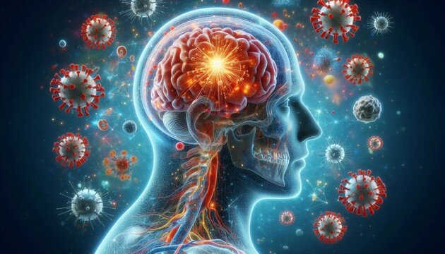 Viral infection of the brain, viral meningitis and encephalitis. 3d illustration