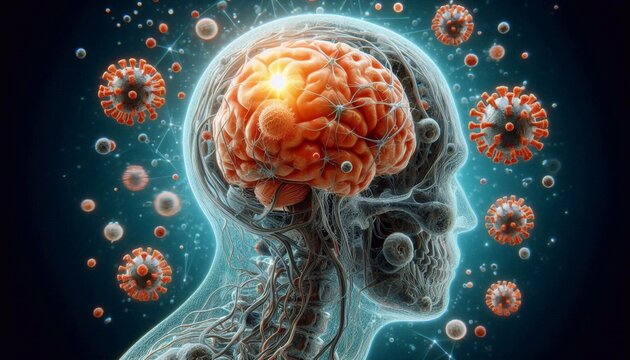 Viral infection of the brain, viral meningitis and encephalitis. 3d illustration