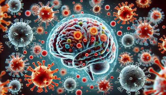 Viral infection of the brain, viral meningitis and encephalitis. 3d illustration