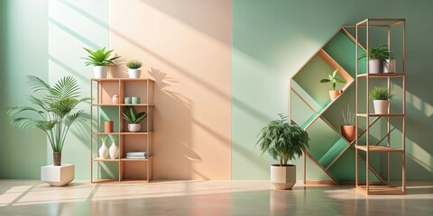 Sunlit Interior with Wooden Plant Shelving and Lush Greenery
