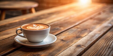 Obraz premium Aromatic Latte Art in a White Cup on Rustic Wooden Table