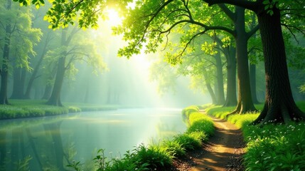 Obraz premium Serene Morning Mist Envelops a Picturesque Woodland Path Beside a Calm River, Bathed in the Golden Light of Sunrise