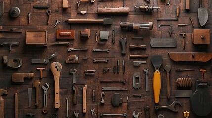 Antique tools collection on wooden background.