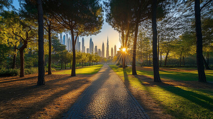 Naklejka premium Sunlight filters through trees along a path with a city skyline in the background at sunset