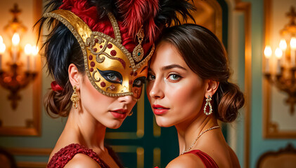 Fototapeta premium A beautiful stranger at a Venetian carnival smiles mysteriously and tenderly