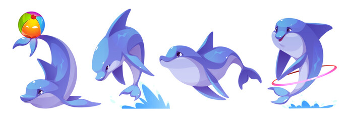 Cute dolphin characters set isolated on white. Vector cartoon illustration of funny sea animal playing in water, jumping with toy ball, hula hoop ring on tail, smiling marine mammal, zoo aquarium show © klyaksun