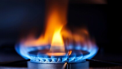Gas burner flame igniting, symbolizing energy, combustion, and heating.